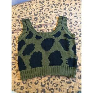 Vintage Crop Top Sweater Leopard Green Black Small S Oversized Cotton Ramie